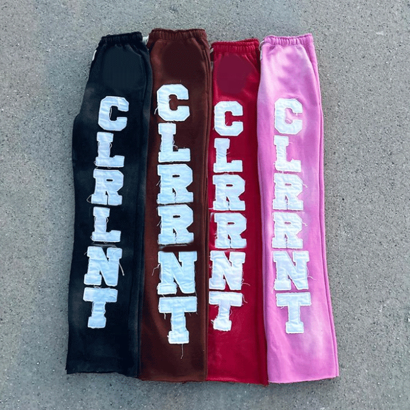 Clothing Manufacturers Custom Applique Graphic Embroidered Patches Stacked Flare Sweatpants Acid Wash Mens Jogger Flared Pants