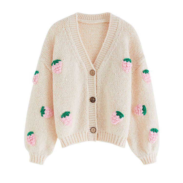 AiNear custom logo designer handmade strawberry chunky knit cardigan sweater women coats hand knitted women sweaters cardigans