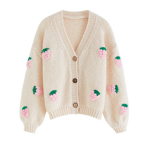 AiNear custom logo designer handmade strawberry chunky knit cardigan sweater women coats hand knitted women sweaters cardigans