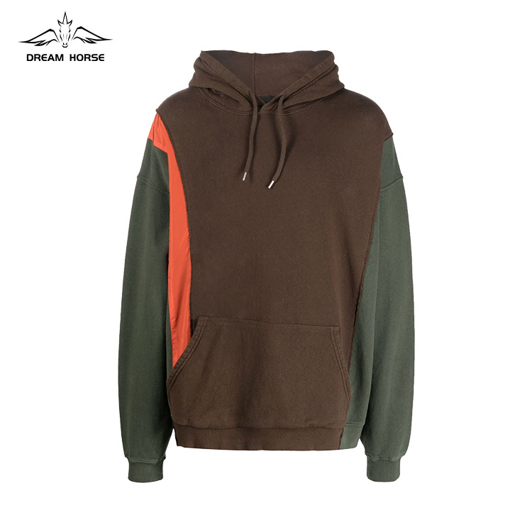 AiNear wholesale custom logo design oem & odm vintage reworked colour block adult men cotton 800gsm pointed hood pullover hoodie