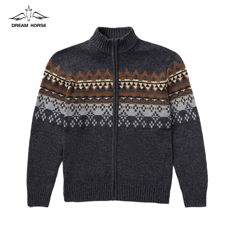 AiNear wholesale custom logo design oem & odm country western cowboy style turtleneck aztec men's wool knitted cardigan sweater