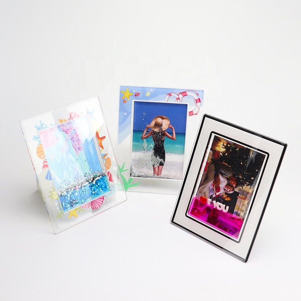 4 x 6 inch Rectangle Sequin Bracket Glitter Liquid Quicksand Water Confetti Photo Picture Frame with Support Stand Holder