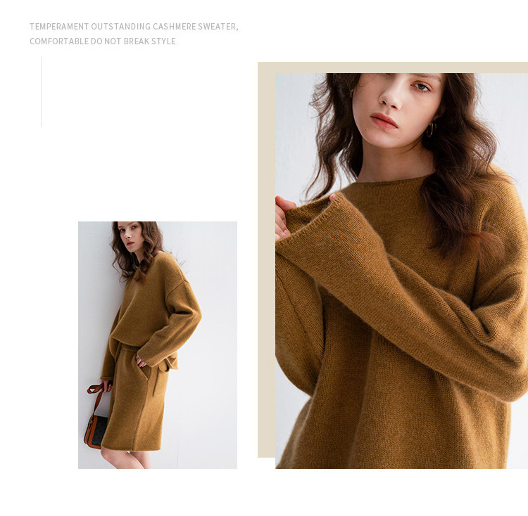 YAQI RTS Fall Crew Neck Pullover Knit 100% Cashmere Two Piece Sweater Set for Women Autumn Computer Knitted Custom & OEM & ODM