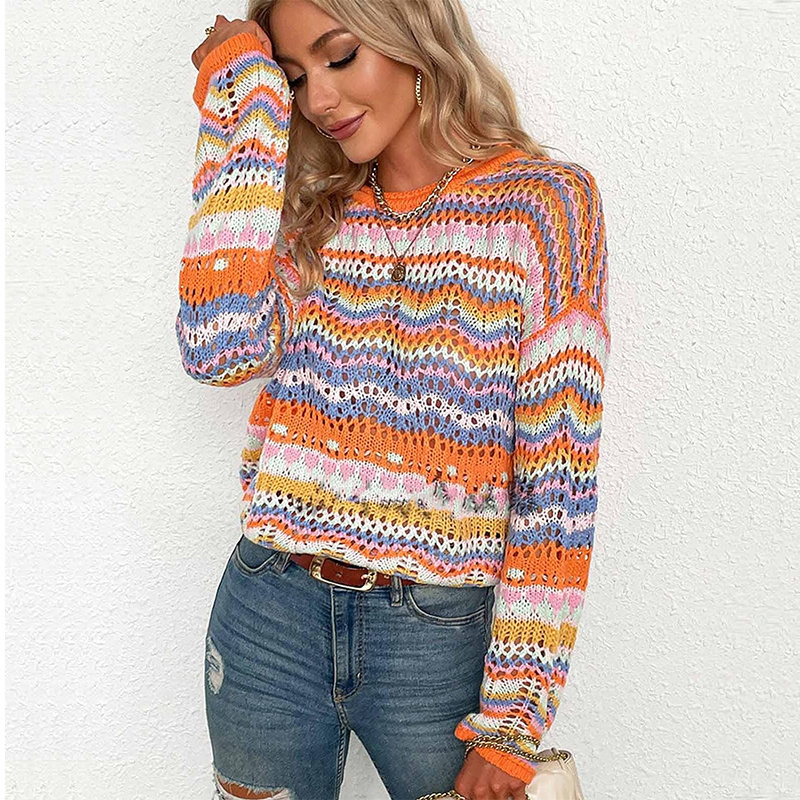 Factory Custom Wholesale Women Long Sleeve Crochet Sweater With Pointelle Casual Knit Women Clothing Sweater Pullover