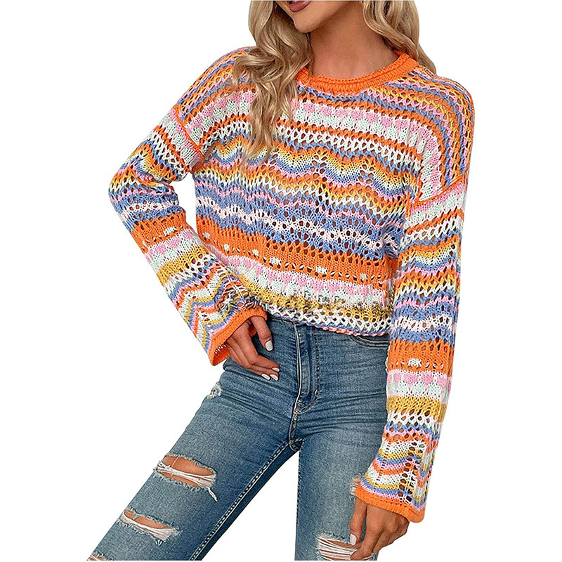 Factory Custom Wholesale Women Long Sleeve Crochet Sweater With Pointelle Casual Knit Women Clothing Sweater Pullover