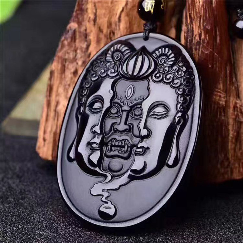 Wholesale  Natural Black Obsidian Stone Pendant Necklace Carved Between Buddha Devil Gift For Brave Men's Stone Jades Jewelry