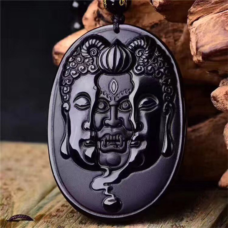 Wholesale  Natural Black Obsidian Stone Pendant Necklace Carved Between Buddha Devil Gift For Brave Men's Stone Jades Jewelry