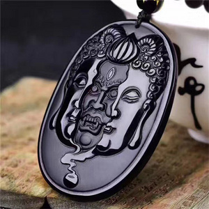 Wholesale  Natural Black Obsidian Stone Pendant Necklace Carved Between Buddha Devil Gift For Brave Men's Stone Jades Jewelry