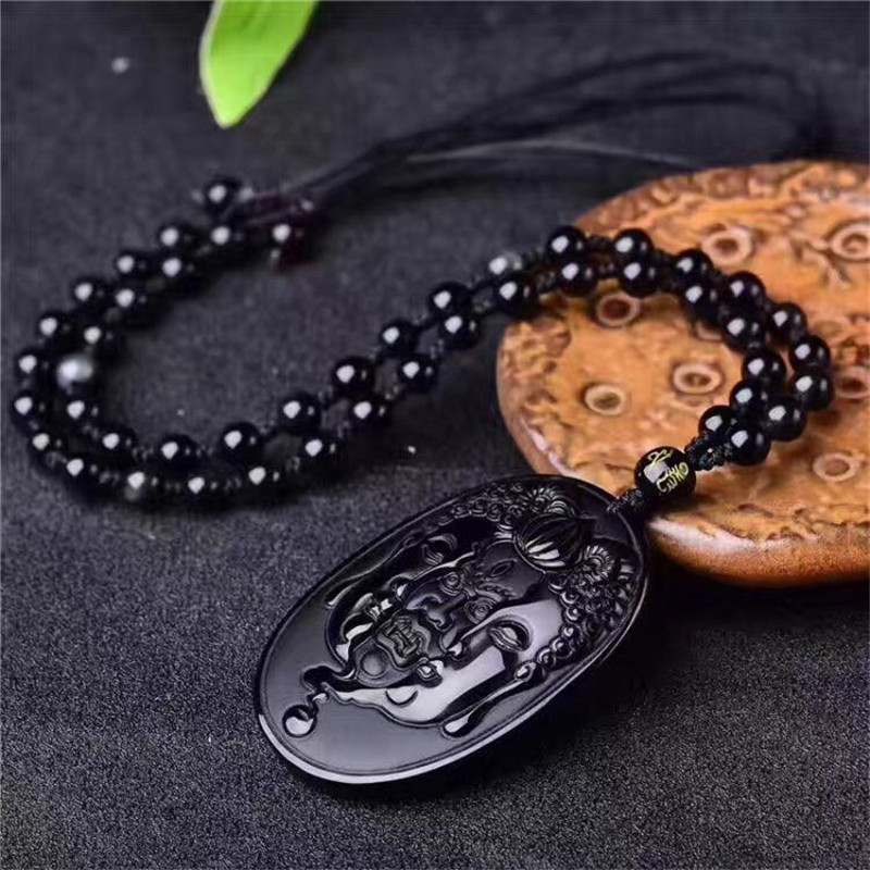 Wholesale  Natural Black Obsidian Stone Pendant Necklace Carved Between Buddha Devil Gift For Brave Men's Stone Jades Jewelry