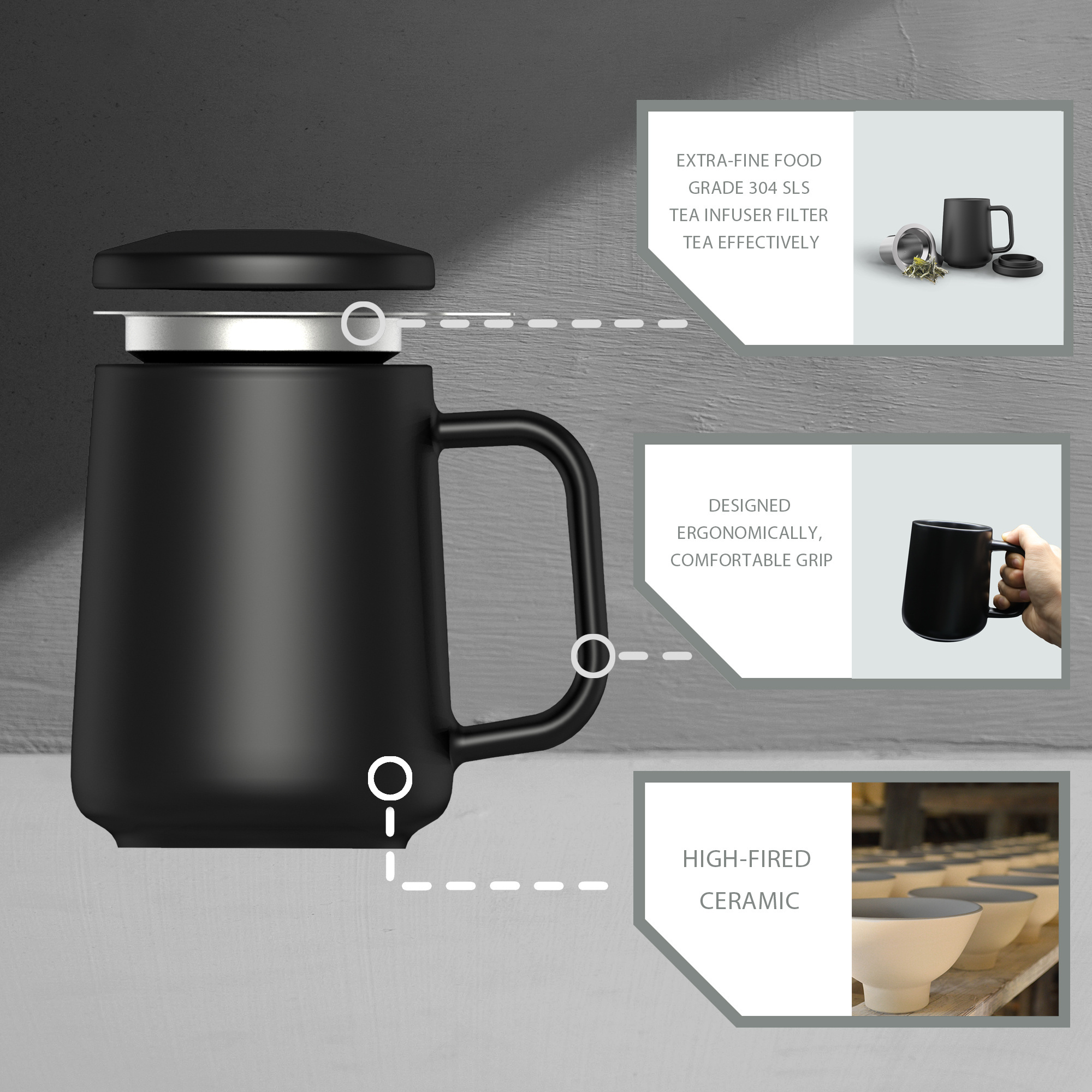 DHPO new design portable high grade ceramic porcelain brewing tea mug with stainless steel infuser and lid and for gift