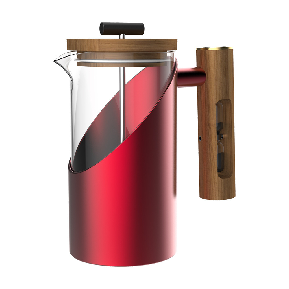 DHPO Advanced Glass and Metal Body French Presses with Hourglass Wooden Handle & Wooden Lid & Food Grade 304 Plunger