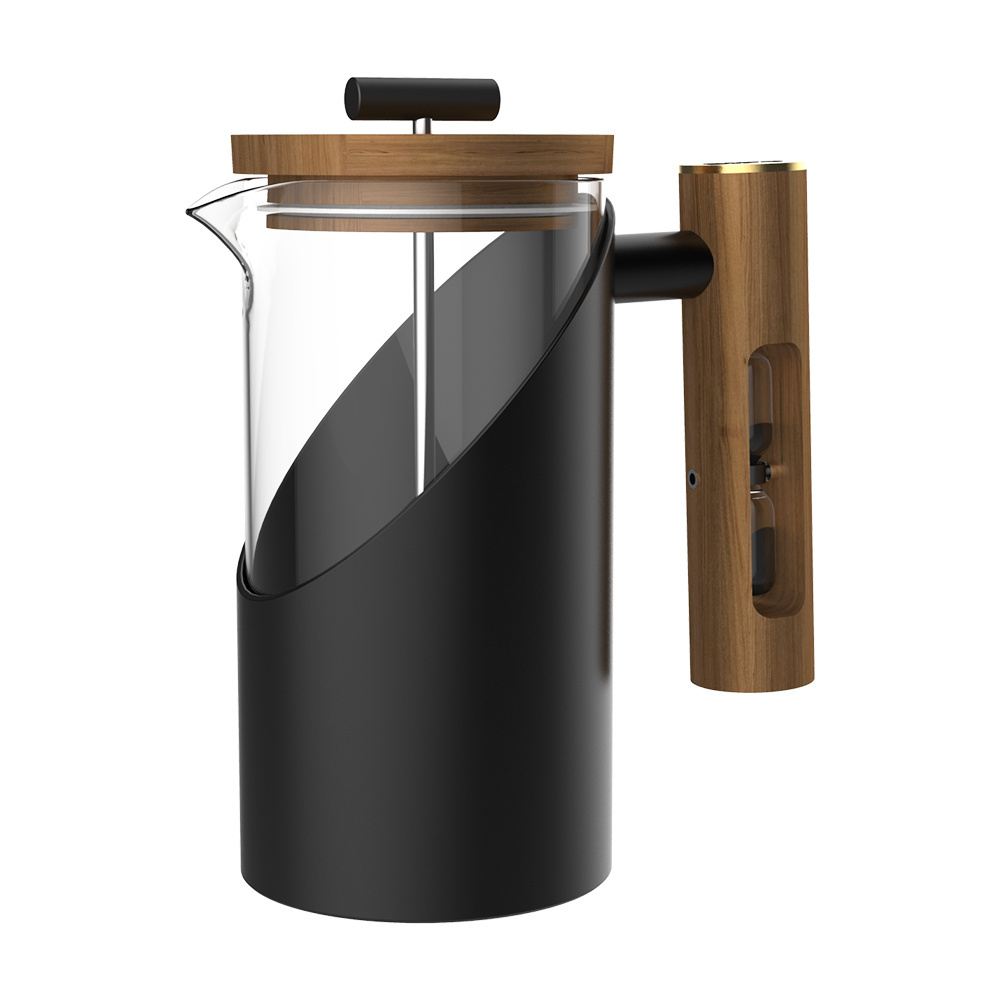 DHPO Advanced Glass and Metal Body French Presses with Hourglass Wooden Handle & Wooden Lid & Food Grade 304 Plunger