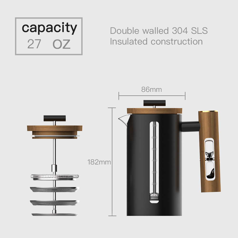 DHPO Home Appliances Cafe Decorative Glass and 304 Stainless Steel Coffee French Press Copper with Plunger and Wooden handle