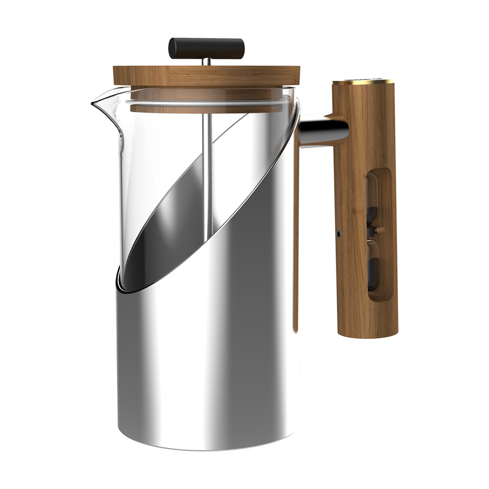 DHPO Advanced Glass and Metal Body French Presses with Hourglass Wooden Handle & Wooden Lid & Food Grade 304 Plunger