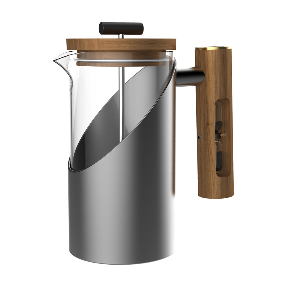 DHPO Advanced Glass and Metal Body French Presses with Hourglass Wooden Handle & Wooden Lid & Food Grade 304 Plunger