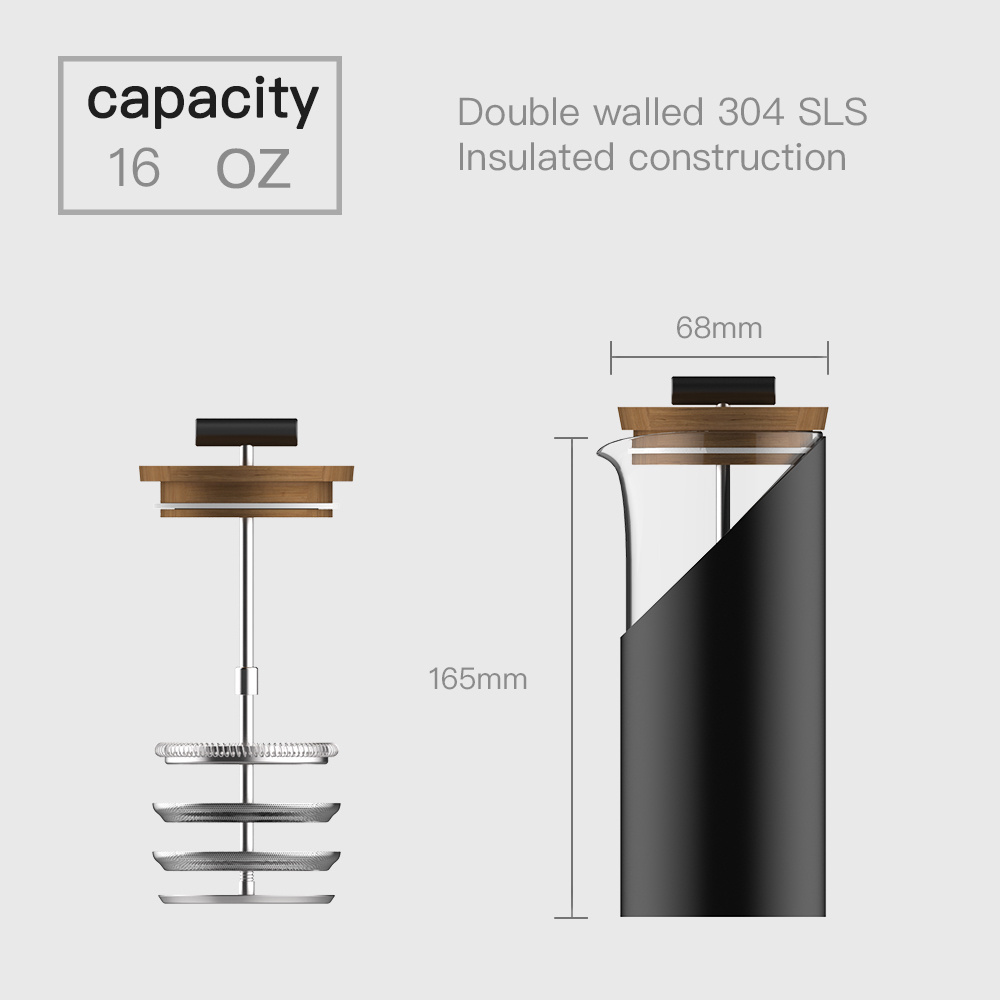 DHPO Cafetiere Household Kitchen Coffee Press Plunger Coffee French Press Glass with 304 Stainless Steel Minimalist Glass Tea