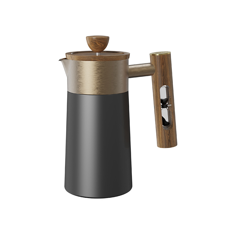 DHPO Removable Coffee and Tea Set Luxury 4-Layer Filter Double Walled Ceramic French Press Wooden Hourglass Handle Coffee Maker