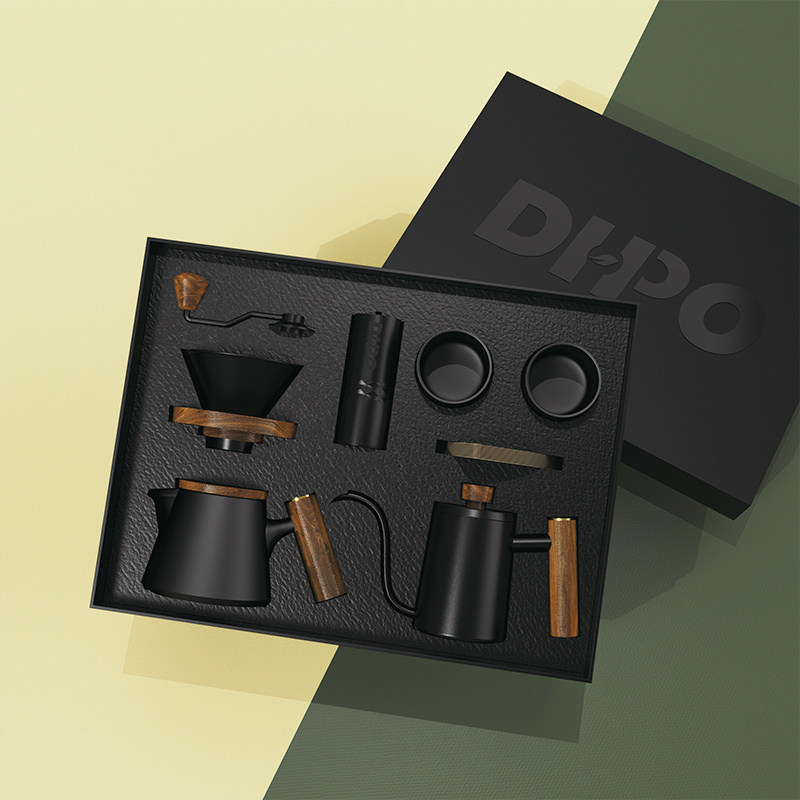 DHPO Customizable Premium gift box outdoor travel drip coffee set with Pour Over Coffee Maker filter kettle manual grinder