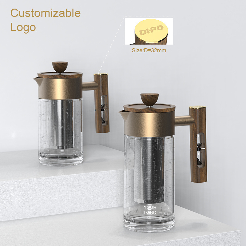 DHPO Stainless Steel Glass French Presses Coffee Maker Hourglass Wooden Handle with Removable Food-Grade Filter and Wooden Lid