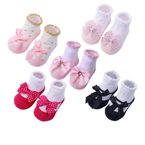 Summer Jacquard Line Style Combed Cotton Thin Cute Pink Baby Lace Socks Bow For Girl