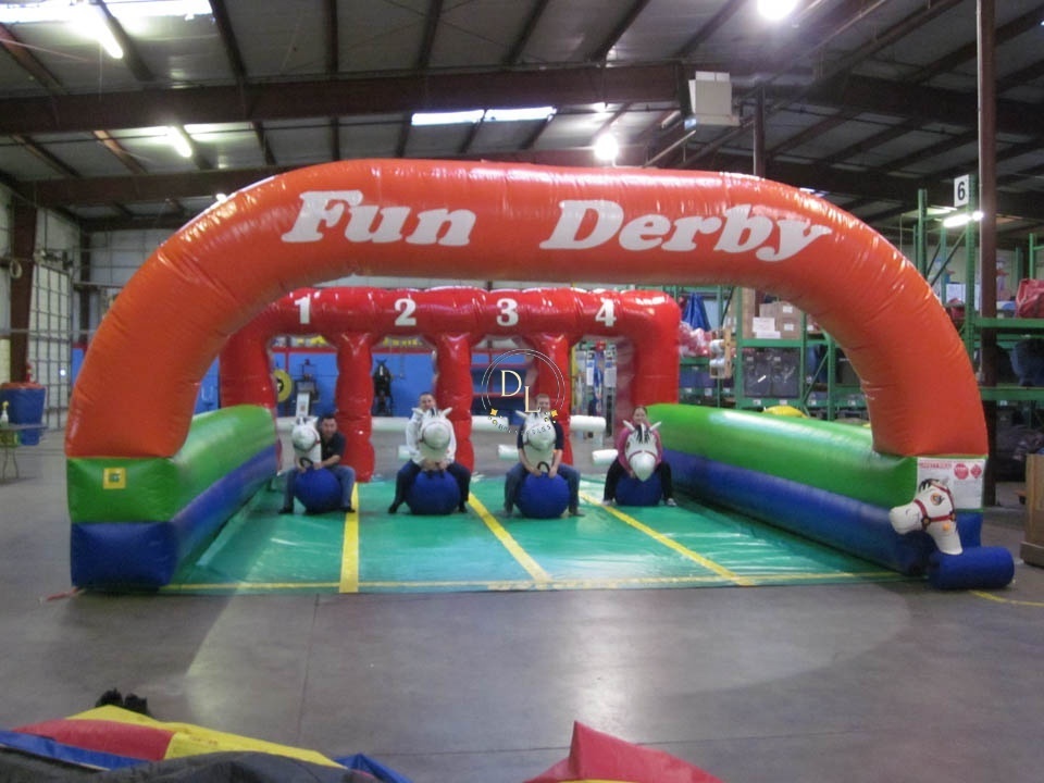 Inflatable 4 Lane Fun Derby Pony Downs Inflatables Jumping Hoppy Horses Race Track Pony Hops Sport Games