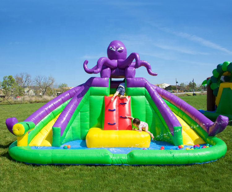 Kids Giant Inflatable Water Slides Inflatable Double Lane Devilfish Monster Octopus Water Slide With Pool