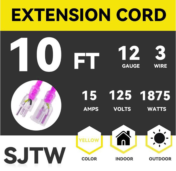 6Ft Lighted Outdoor Extension Cord - 10/3 SJTW Heavy Duty purple Extension Cable with 3 Prong Grounded Plug for Safety