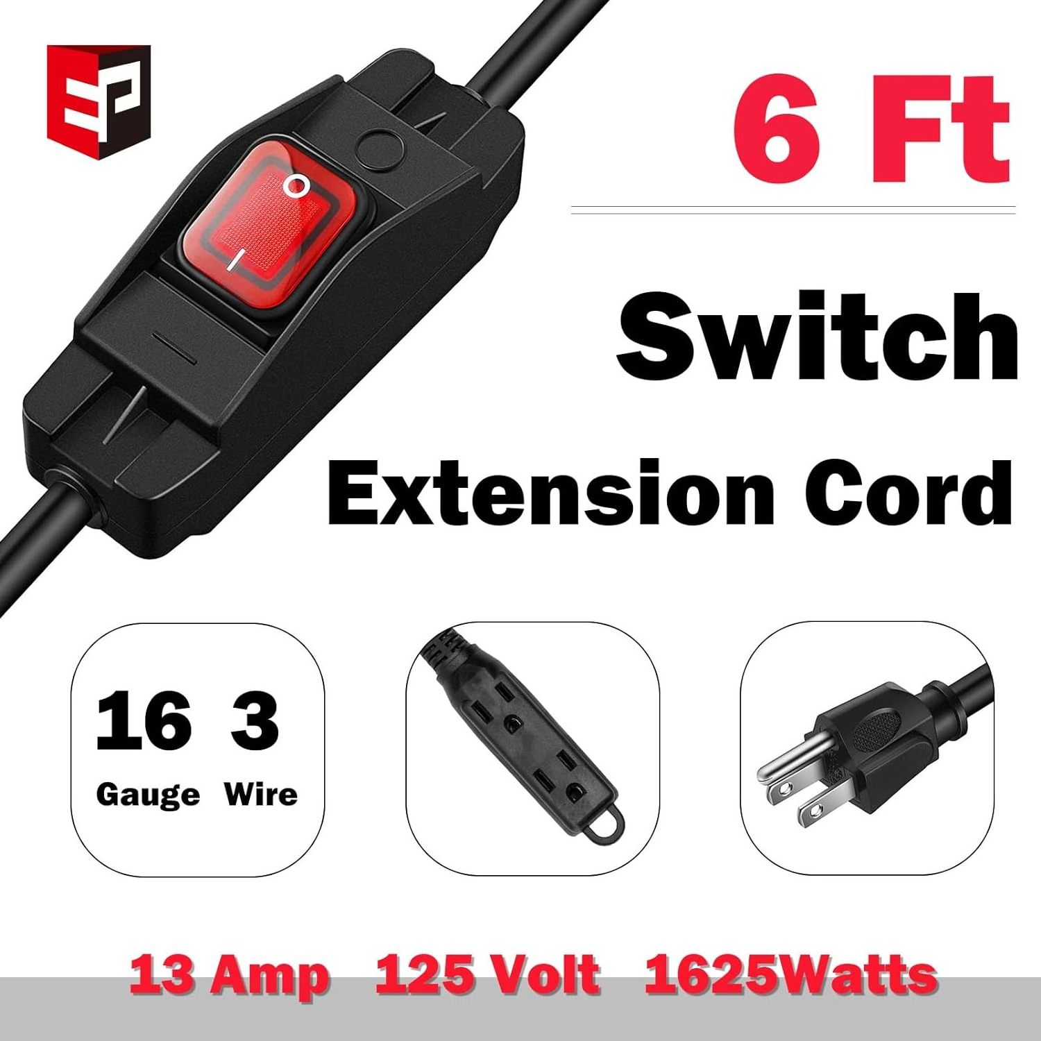 6 Ft Inline Extension Cord with On-Off Switch, 16/3 SJTW Heavy Duty Short Extension Cable with  3 Outlet and inline switch