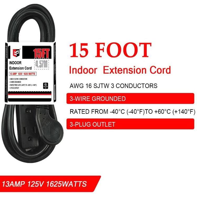 Low Profile 15 Ft Flat Plug Extension Cord - 16 AWG 3 Prong Grounded Cable with 3 Outlets,  for Indoor Use, Black, UL Listed