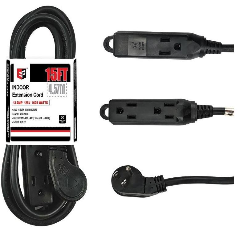 Low Profile 15 Ft Flat Plug Extension Cord - 16 AWG 3 Prong Grounded Cable with 3 Outlets,  for Indoor Use, Black, UL Listed