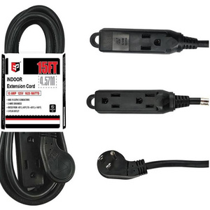 Low Profile 15 Ft Flat Plug Extension Cord - 16 AWG 3 Prong Grounded Cable with 3 Outlets,  for Indoor Use, Black, UL Listed