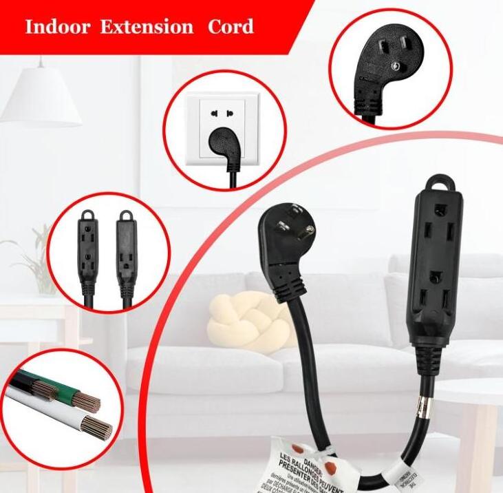 Low Profile 15 Ft Flat Plug Extension Cord - 16 AWG 3 Prong Grounded Cable with 3 Outlets,  for Indoor Use, Black, UL Listed