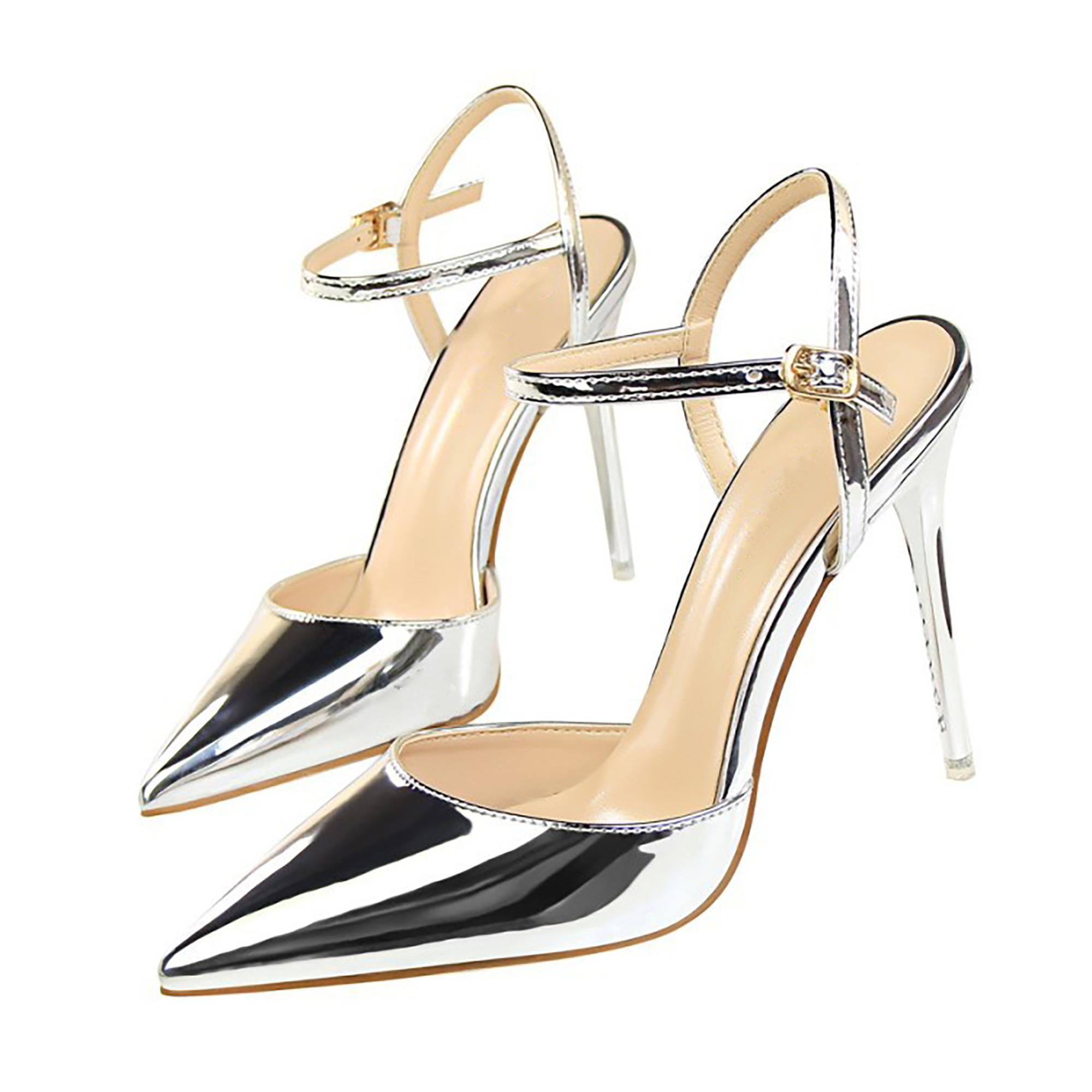 Sexy Glossy Multicolor Women Pumps Cross Button Strap High Thin Heels Shoes for Ladies Sandals Ankle Strap Wholesale Box Custom