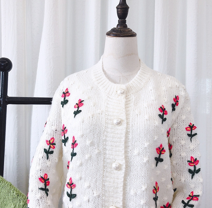 Women's Crochet Knitted Flower Mohair Button Cardigan Soft Knit Sweater