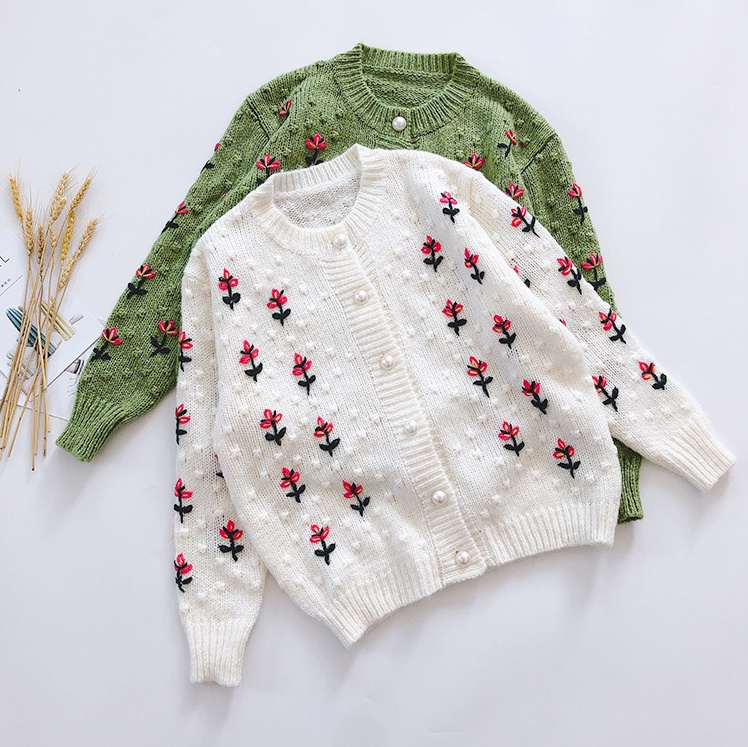 Women's Crochet Knitted Flower Mohair Button Cardigan Soft Knit Sweater