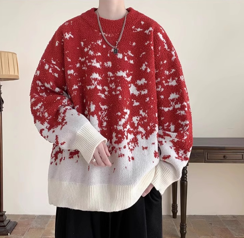 Men's Cotton Pullover Oversize Knit Sweater Ugly Christmas Jacquard Snow Red Jumper