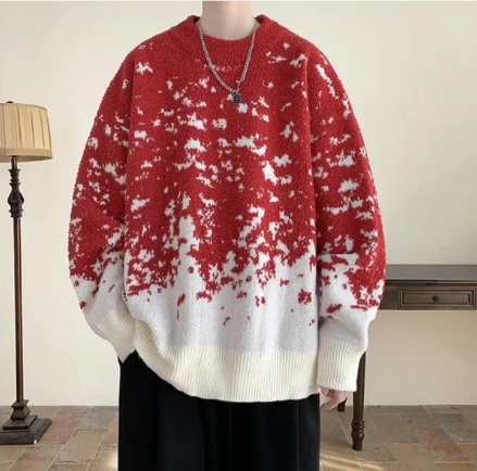 Men's Cotton Pullover Oversize Knit Sweater Ugly Christmas Jacquard Snow Red Jumper