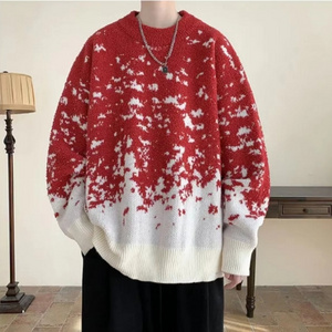 Men's Cotton Pullover Oversize Knit Sweater Ugly Christmas Jacquard Snow Red Jumper