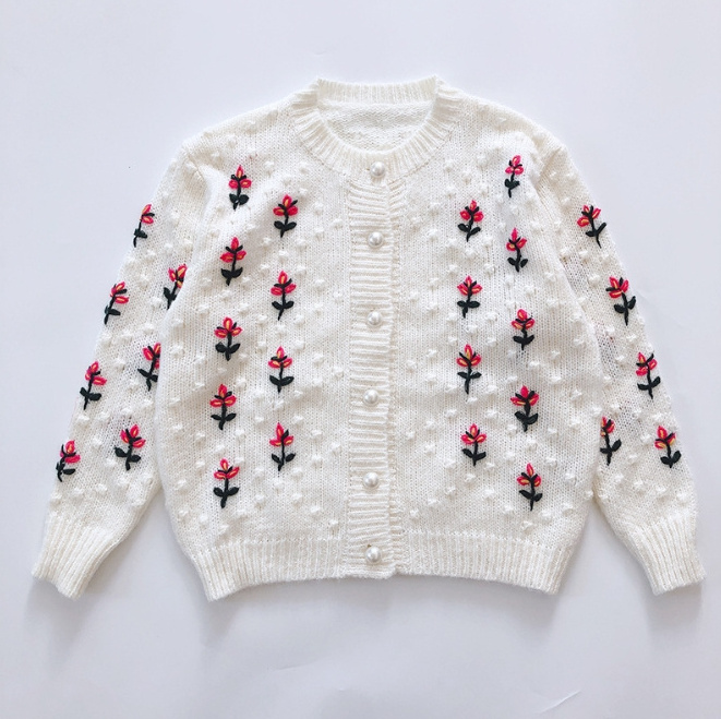 Women's Crochet Knitted Flower Mohair Button Cardigan Soft Knit Sweater