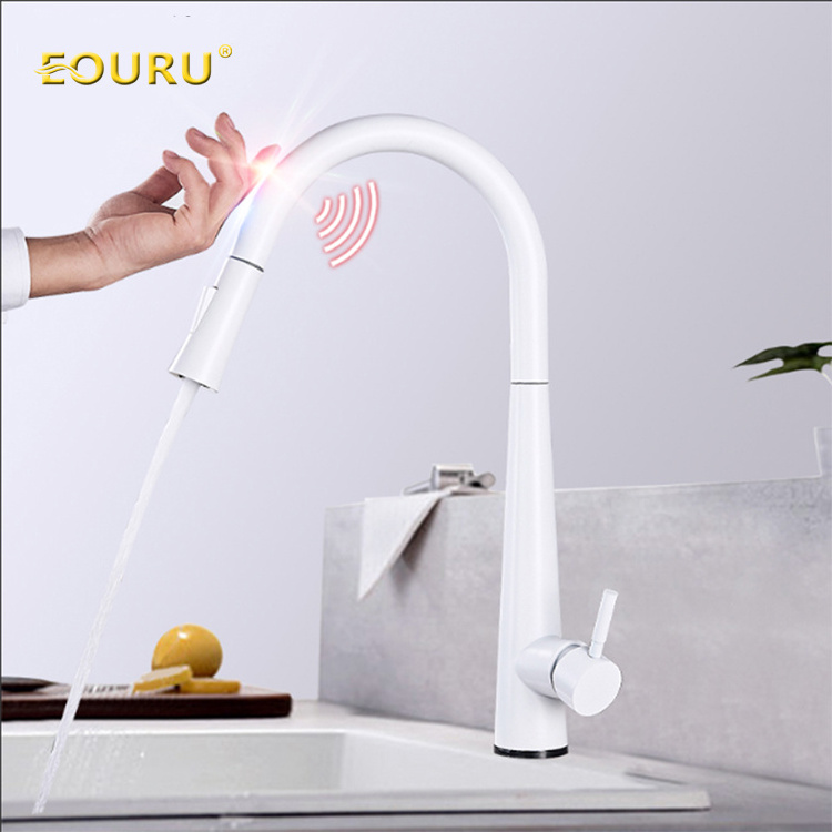 EOURU Pull Out Sensor Kitchen Faucet White Sensitive Touch Sensor Tap Automatic Sensor Water Faucet For Home