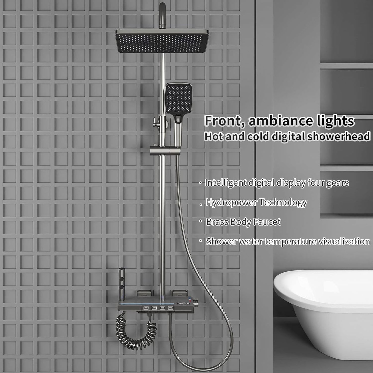 Shower System Piano Key Hot And Cold Mix Shower Faucet Set With LED Digital Display Ambient Lights Wall Hanging Shower Combo Set