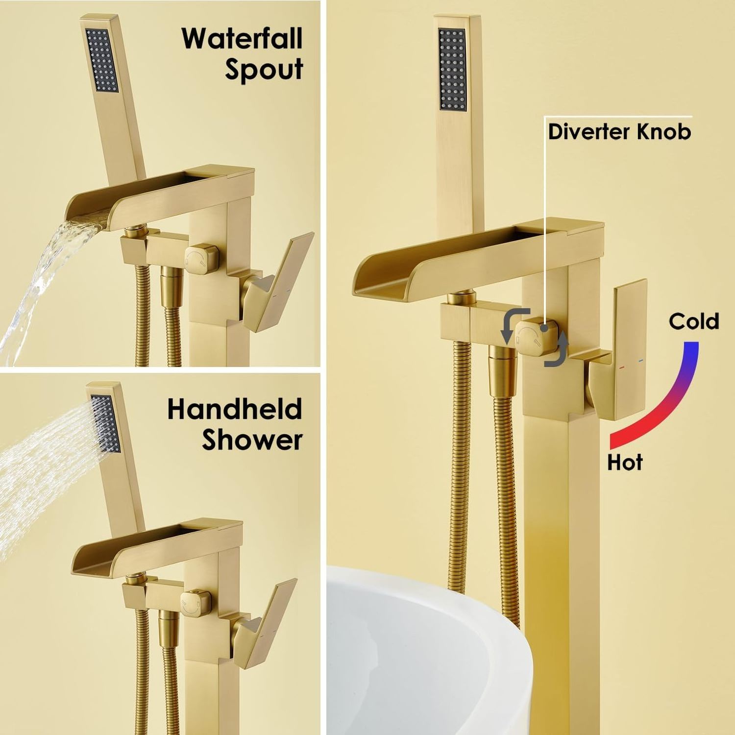 EOURU High Quality Brass body and 304 Stainless steel freestanding faucet Bathroom Shower Bathtub Mixer faucet