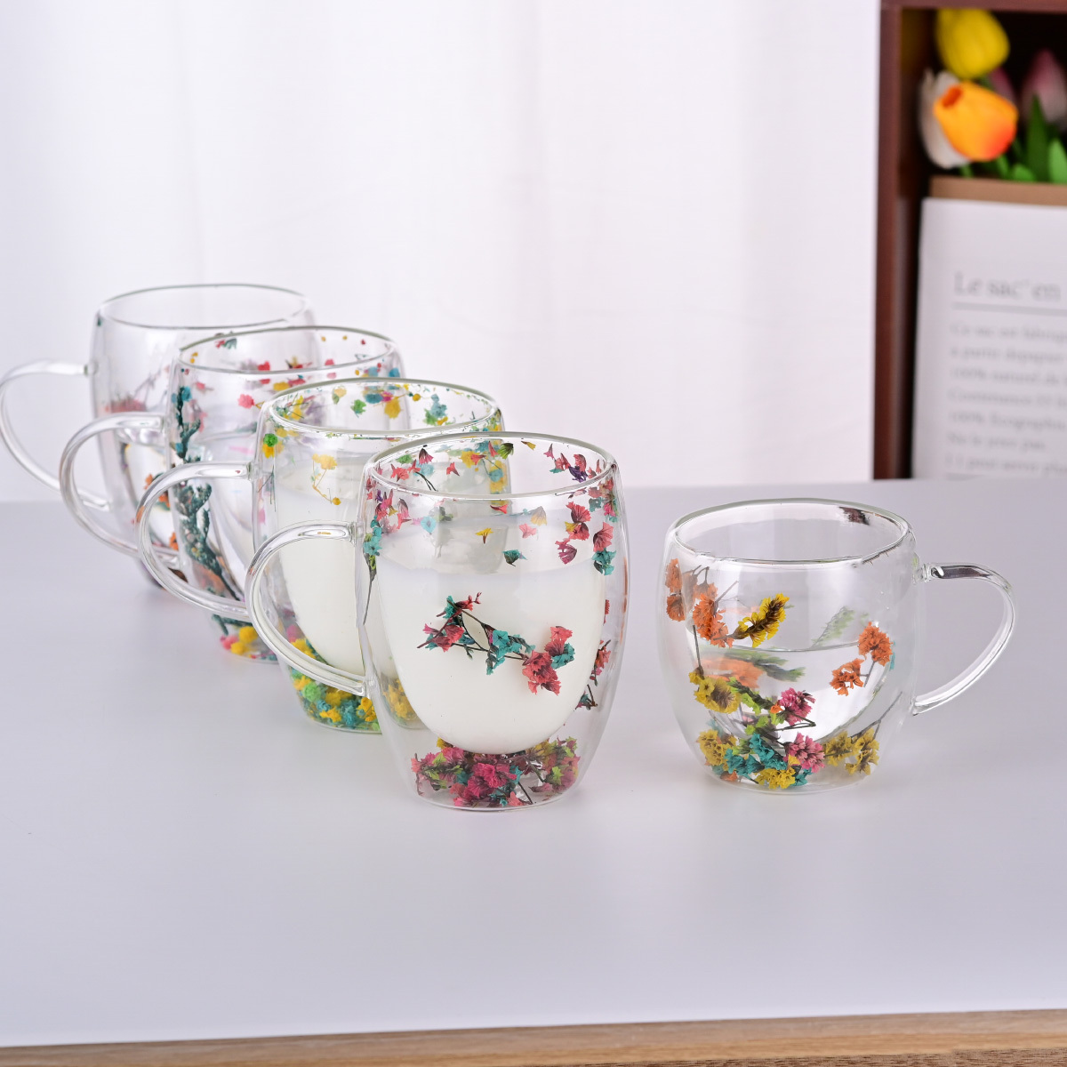 250ml 350ml Handmade high borosilicate dry flower Double Wall Glass Mug with handle