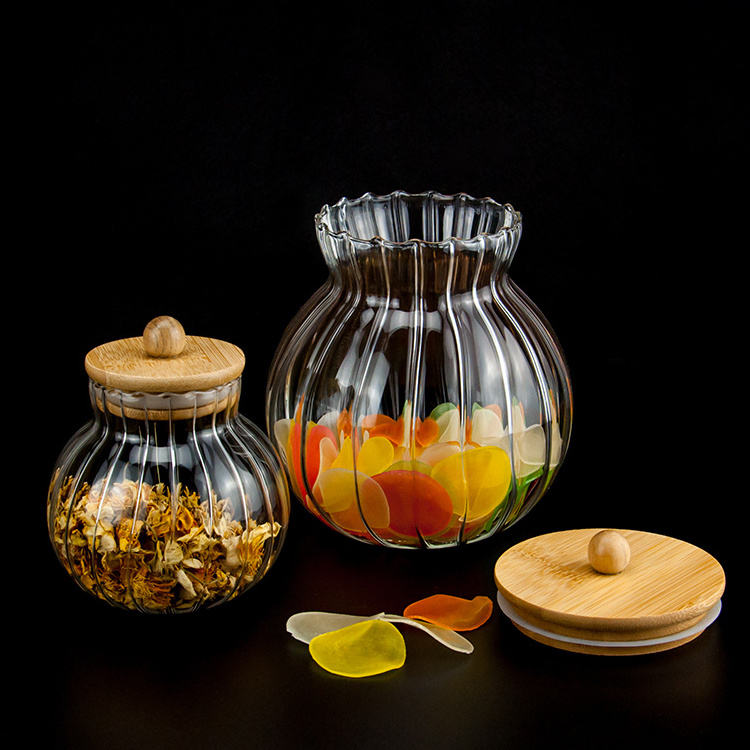 High borosilicate large glass pumpkin jars with bamboo wooden lids for kitchen