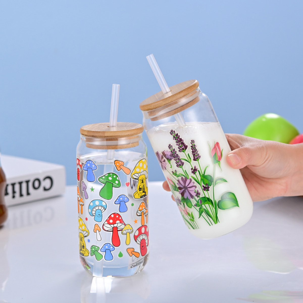 Creativity Printed 500ml beer soda can glass cup with bamboo lid and straw