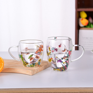 250ml 350ml Handmade high borosilicate dry flower Double Wall Glass Mug with handle