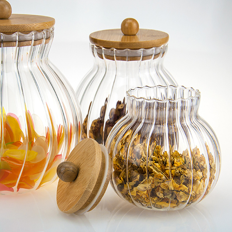 High borosilicate large glass pumpkin jars with bamboo wooden lids for kitchen