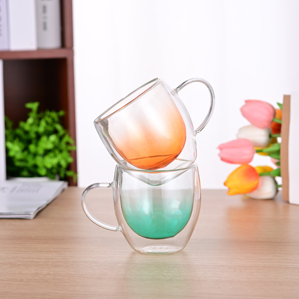 250ml Gradient Borosilicate glass Cup double wall glass coffee cup with handle