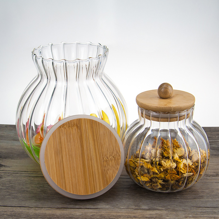 High borosilicate large glass pumpkin jars with bamboo wooden lids for kitchen