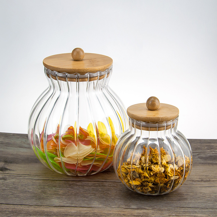 High borosilicate large glass pumpkin jars with bamboo wooden lids for kitchen